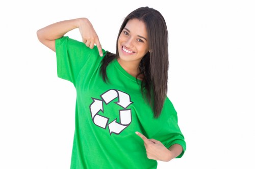 A young woman with long, dark brown hair and a cheerful expression is wearing a bright green T-shirt featuring a white recycling symbol. She is pointing to the symbol with her right index finger while using her left hand to gesture towards it, emphasizing recycling awareness. The background is plain white, and her posture is relaxed, with a slight tilt of her head and a broad smile. The focus is on her upper body, specifically highlighting the T-shirt and the recycling graphic, which signifies environmental responsibility. This image visually promotes sustainable waste practices and eco-friendly habits, aligning with waste management themes relevant to local rubbish removal services in Ruislip. The overall tone is professional, neutral, and conveys a message of environmental consciousness.